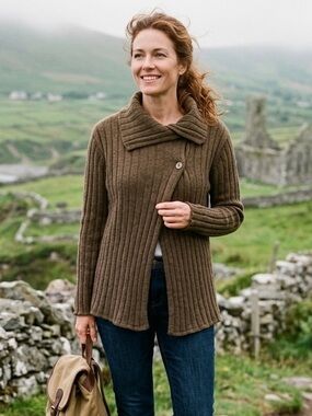 Two Danes Brown Merino Wool & Yak Ribbed Knit Buttoned Cardigan Size Small